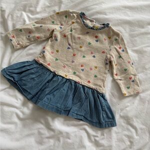 💙 Baby Boden Heart Sweatshirt Dress with Denim Skirt